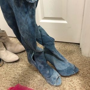 Open toe denim boots